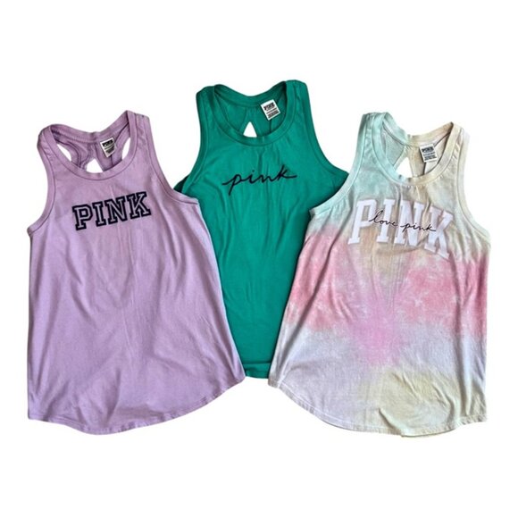 PINK Victoria's Secret Racerback Tanks! Lot of 3, XS, EUC! Purple/Green/Tie Dye - Picture 1 of 9